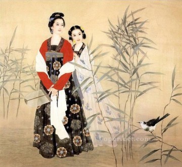  bird Art - Chinese maiden in reed field and bird
